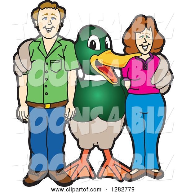 Vector Illustration of a Cartoon Mallard Duck School Mascot Posing with Parents