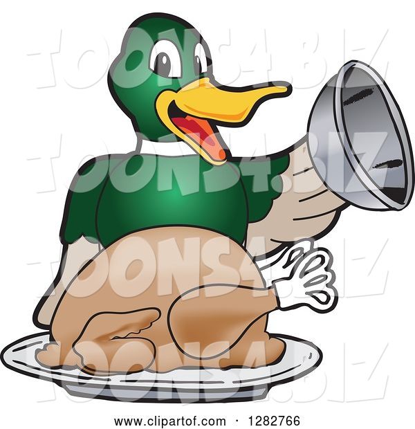 Vector Illustration of a Cartoon Mallard Duck School Mascot Serving a Roasted Thanksgiving Turkey