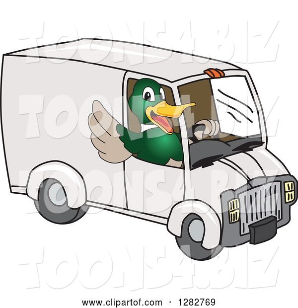 Vector Illustration of a Cartoon Mallard Duck School Mascot Waving and Driving a Delivery Van