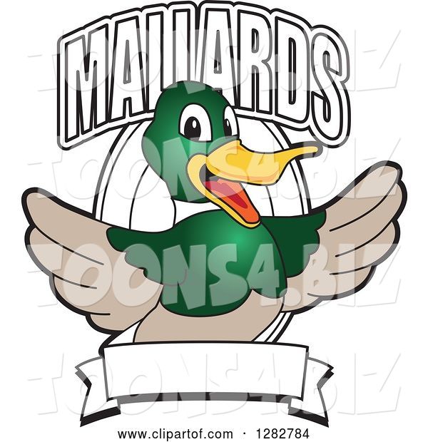 Vector Illustration of a Cartoon Mallard Duck School Mascot Welcoming with Text over an Oval and Blank Banner