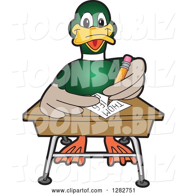 Vector Illustration of a Cartoon Mallard Duck School Mascot Writing at a Desk