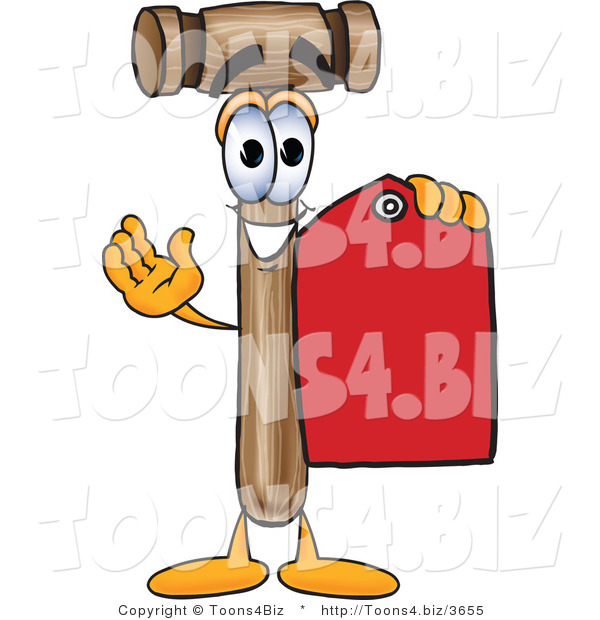 Vector Illustration of a Cartoon Mallet Mascot Holding a Red Sales Price Tag