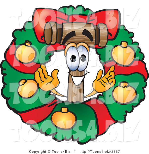 Vector Illustration of a Cartoon Mallet Mascot in the Center of a Christmas Wreath
