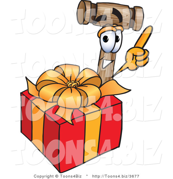 Vector Illustration of a Cartoon Mallet Mascot Standing by a Christmas Present
