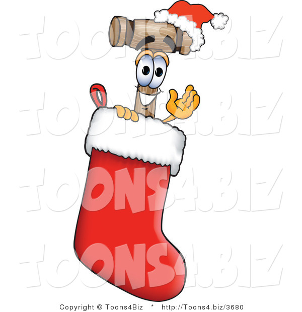 Vector Illustration of a Cartoon Mallet Mascot Wearing a Santa Hat Inside a Red Christmas Stocking
