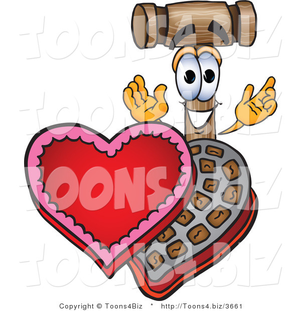 Vector Illustration of a Cartoon Mallet Mascot with an Open Box of Valentines Day Chocolate Candies