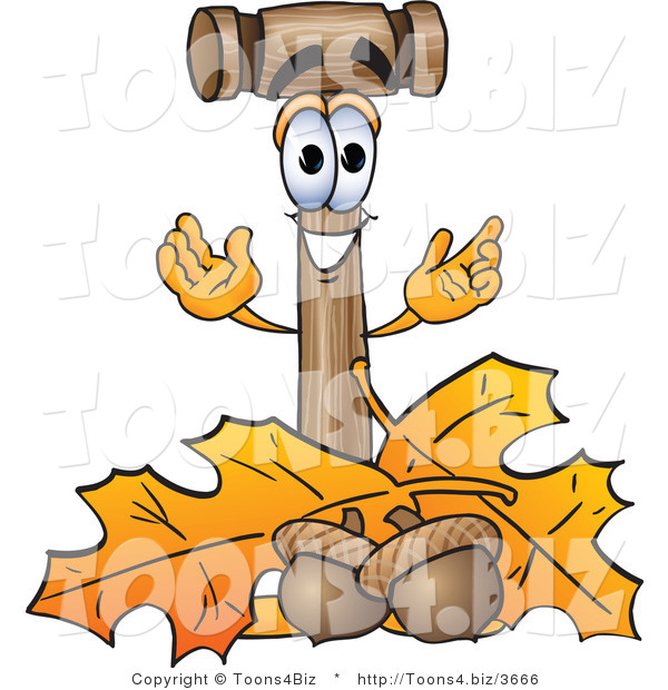 Vector Illustration of a Cartoon Mallet Mascot with Autumn Leaves and Acorns in the Fall