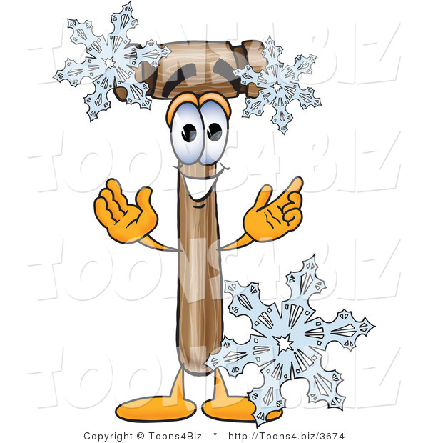 Vector Illustration of a Cartoon Mallet Mascot with Three Snowflakes in Winter