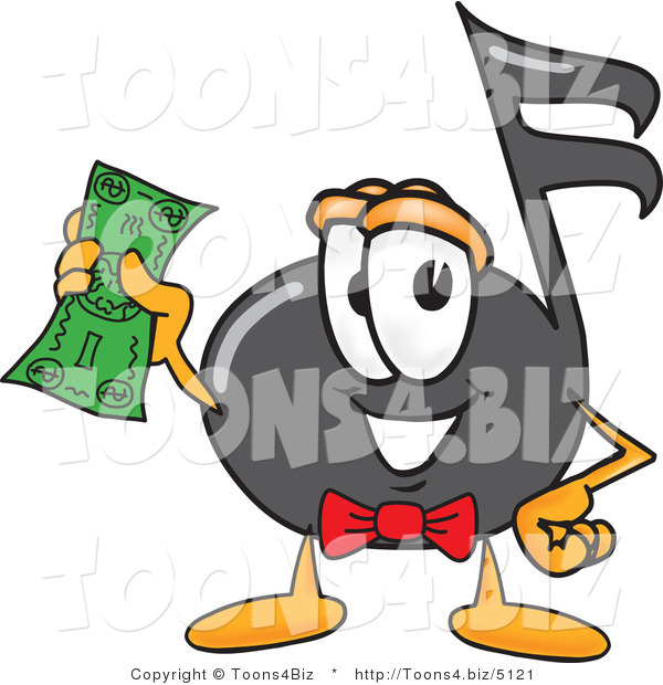 Vector Illustration of a Cartoon Music Note Mascot Holding a Dollar Bill