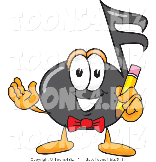 Vector Illustration of a Cartoon Music Note Mascot Holding a Pencil