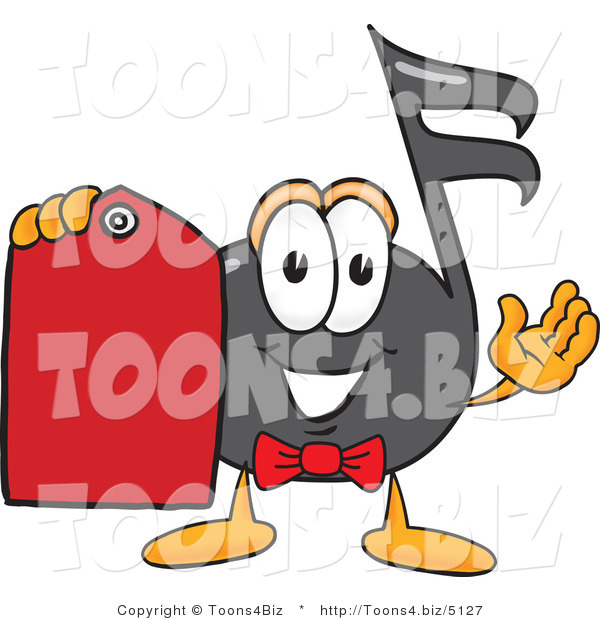 Vector Illustration of a Cartoon Music Note Mascot Holding a Red Sales Price Tag