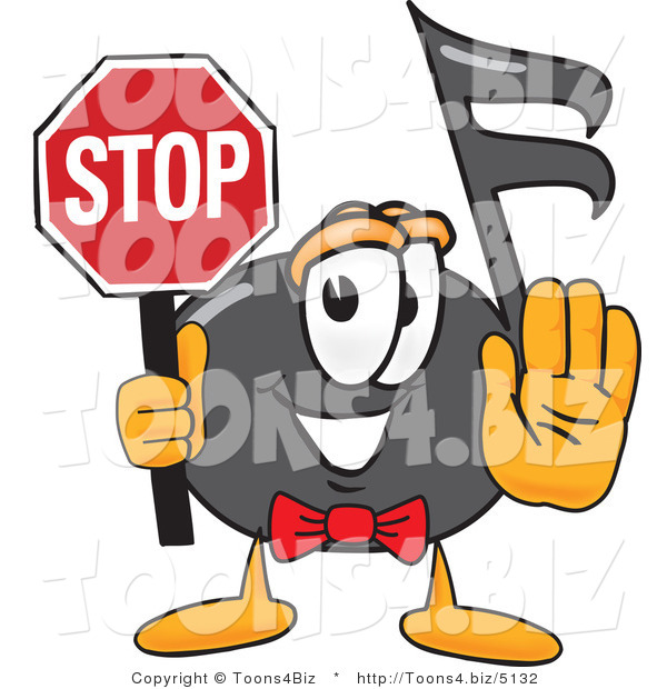 Vector Illustration of a Cartoon Music Note Mascot Holding a Stop Sign