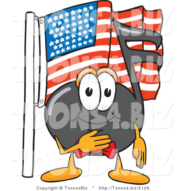 Vector Illustration of a Cartoon Music Note Mascot Pledging Allegiance to an American Flag