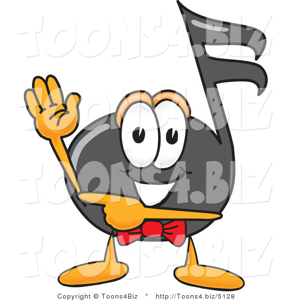 Vector Illustration of a Cartoon Music Note Mascot Waving and Pointing