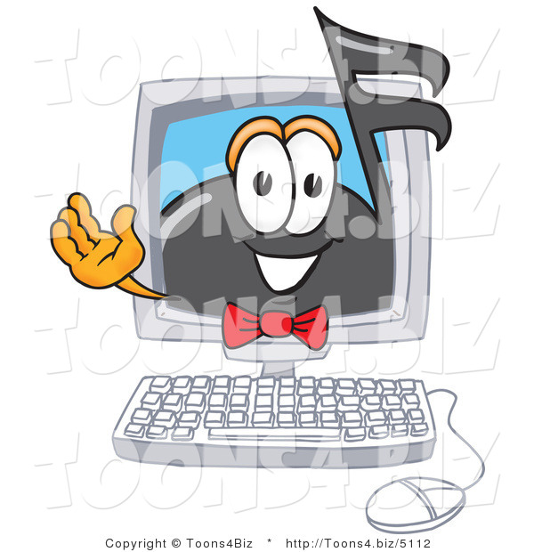 Vector Illustration of a Cartoon Music Note Mascot Waving from Inside a Computer Screen