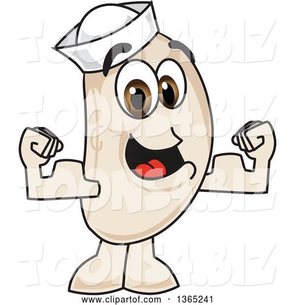 Vector Illustration of a Cartoon Navy Bean Mascot Flexing His Muscles