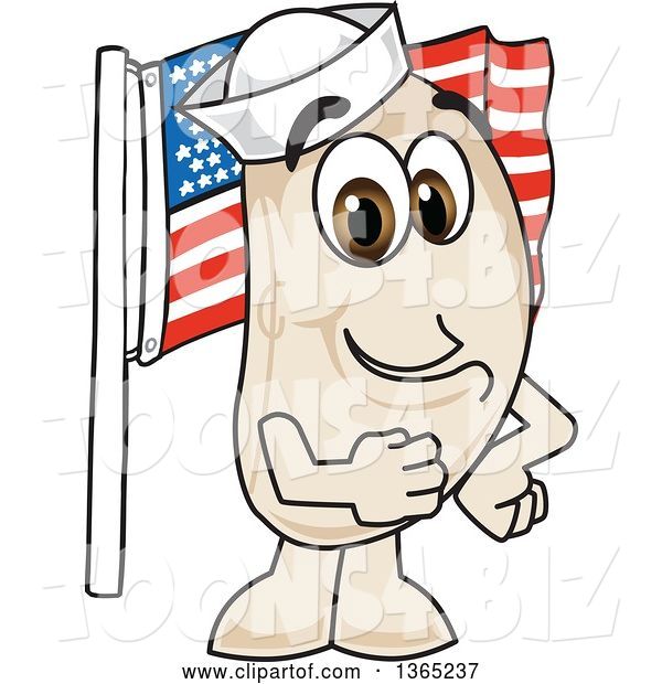 Vector Illustration of a Cartoon Navy Bean Mascot Pledging Allegiance to the American Flag