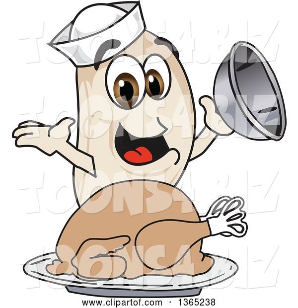 Vector Illustration of a Cartoon Navy Bean Mascot Serving a Roasted Thanksgiving Turkey