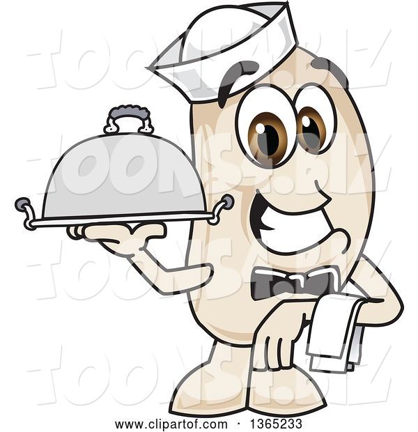 Vector Illustration of a Cartoon Navy Bean Mascot Waiter Holding a Cloche Platter