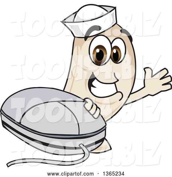 Vector Illustration of a Cartoon Navy Bean Mascot Waving by a Computer Mouse