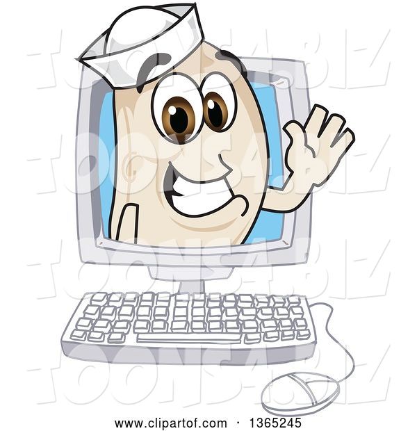Vector Illustration of a Cartoon Navy Bean Mascot Waving from a Desktop Computer