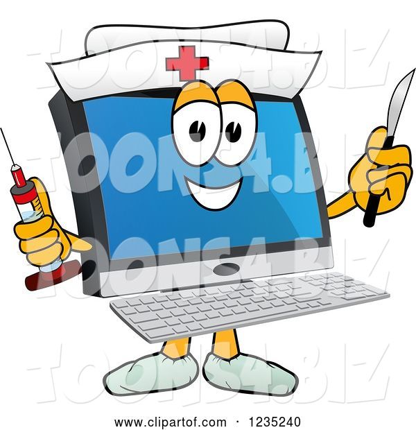 Vector Illustration of a Cartoon Nurse PC Computer Mascot Holding a Syringe and Scalpel
