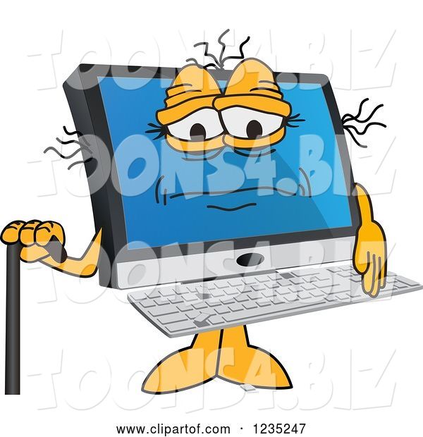 Vector Illustration of a Cartoon Old PC Computer Mascot with a Cane