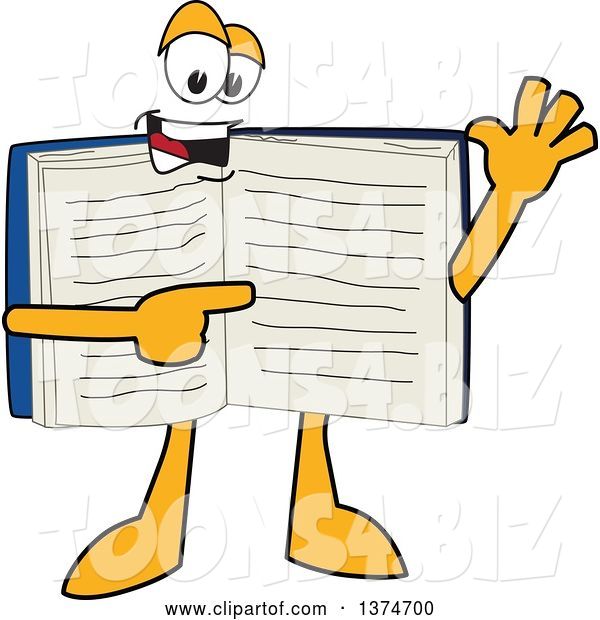 Vector Illustration of a Cartoon Open Blue Book Mascot Waving and Pointing at Text on a Page