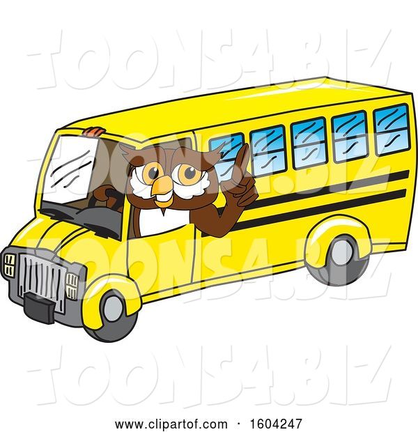 Vector Illustration of a Cartoon Owl School Mascot Driving a School Bus