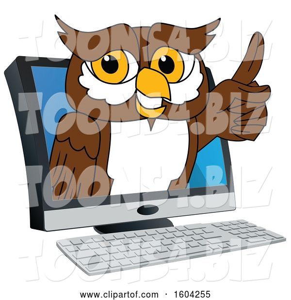 Vector Illustration of a Cartoon Owl School Mascot Emerging from a Computer