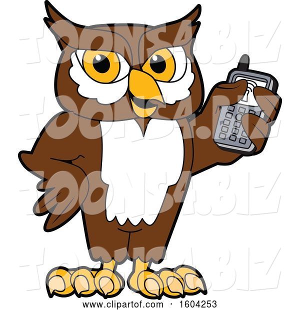 Vector Illustration of a Cartoon Owl School Mascot Holding a Cell Phone