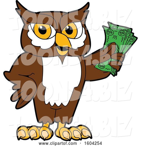 Vector Illustration of a Cartoon Owl School Mascot Holding Cash Money
