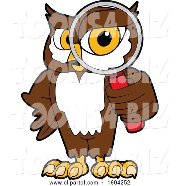 Vector Illustration of a Cartoon Owl School Mascot Looking Through a Magnifying Glass