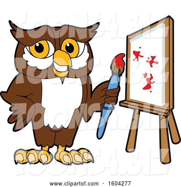Vector Illustration of a Cartoon Owl School Mascot Painting a Canvas