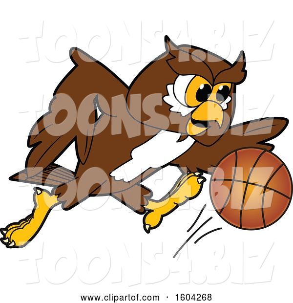 Vector Illustration of a Cartoon Owl School Mascot Playing Basketball
