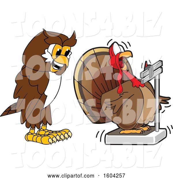 Vector Illustration of a Cartoon Owl School Mascot Watching a Turkey Bird Weigh Itself