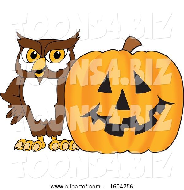 Vector Illustration of a Cartoon Owl School Mascot with a Halloween Pumpkin