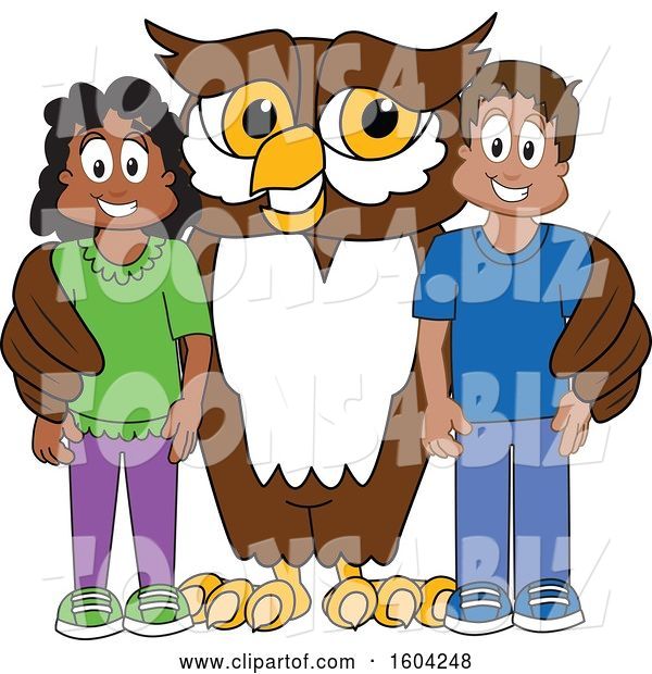 Vector Illustration of a Cartoon Owl School Mascot with Students