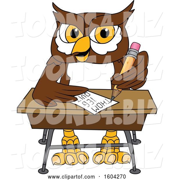 Vector Illustration of a Cartoon Owl School Mascot Writing at a Desk