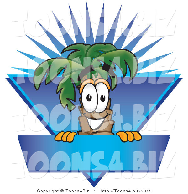 Vector Illustration of a Cartoon Palm Tree Mascot over a Blank Blue Business Label with a Burst