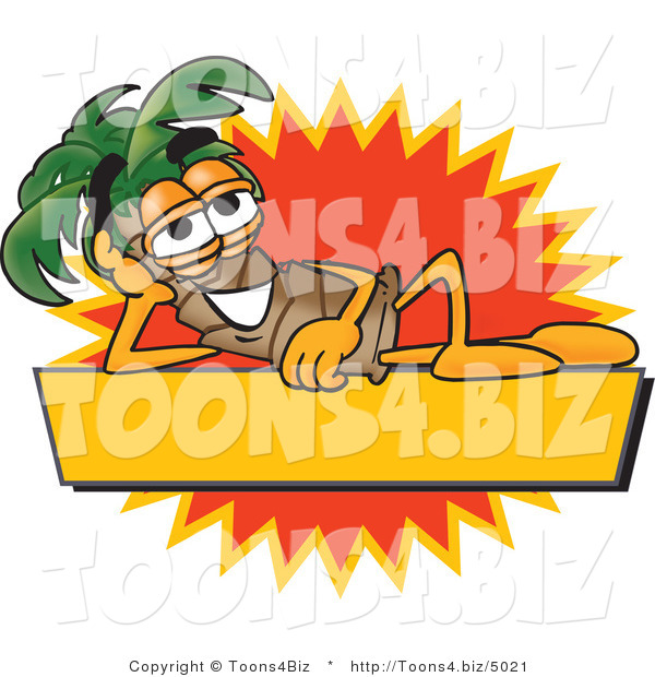 Vector Illustration of a Cartoon Palm Tree Mascot over a Blank Yellow Business Label with an Orange Burst