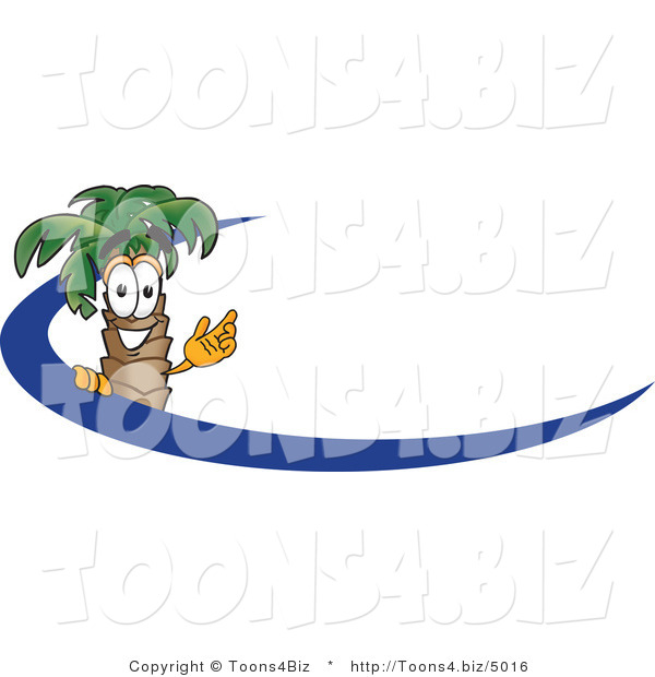 Vector Illustration of a Cartoon Palm Tree Mascot Waving and Standing Behind a Blue Dash on an Employee Nametag or Business Logo