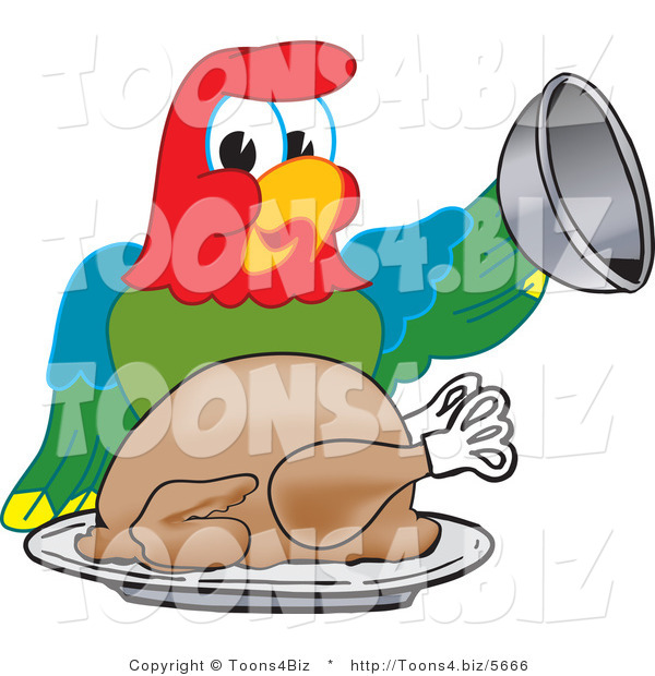 Vector Illustration of a Cartoon Parrot Mascot Serving a Turkey