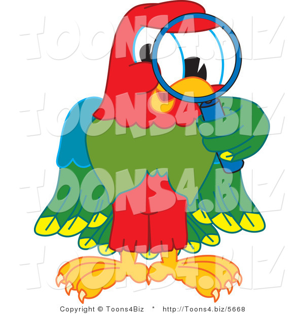 Vector Illustration of a Cartoon Parrot Mascot Using a Magnifying Glass