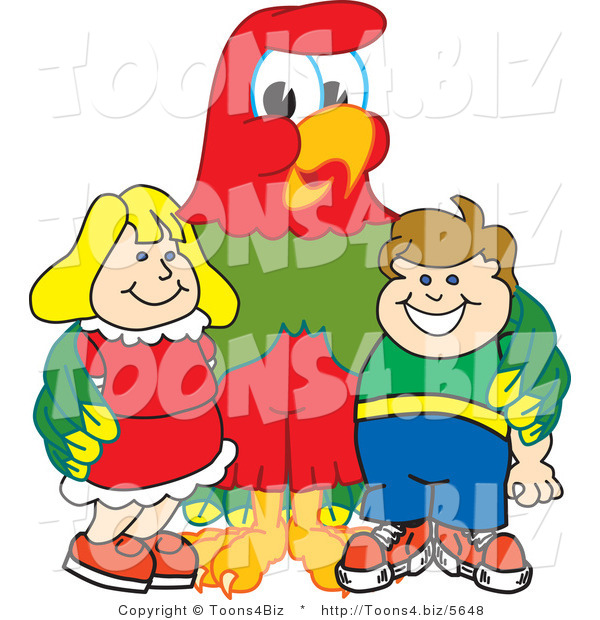 Vector Illustration of a Cartoon Parrot Mascot with Students