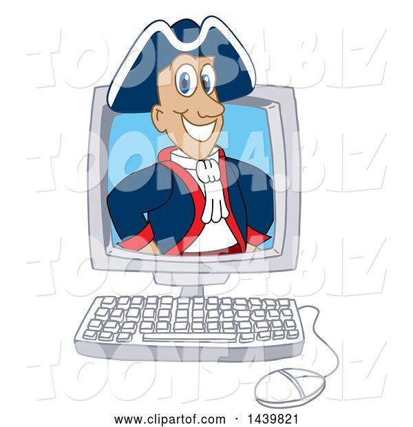Vector Illustration of a Cartoon Patriot Mascot Emerging from a Computer Screen