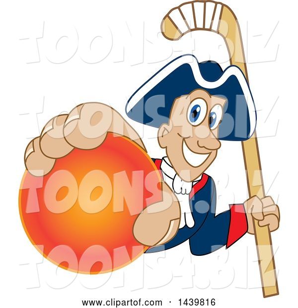 Vector Illustration of a Cartoon Patriot Mascot Grabbing a Field Hockey Ball and Holding a Stick