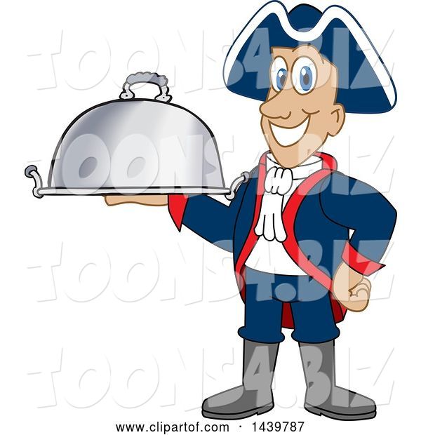 Vector Illustration of a Cartoon Patriot Mascot Holding a Cloche Platter