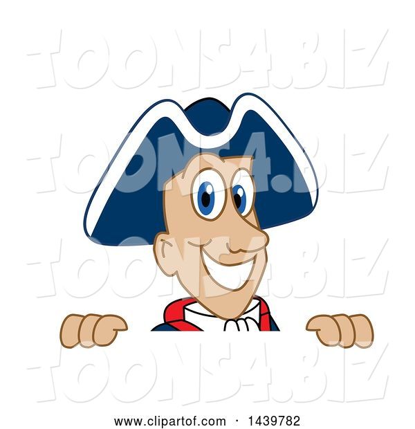 Vector Illustration of a Cartoon Patriot Mascot Looking over a Sign