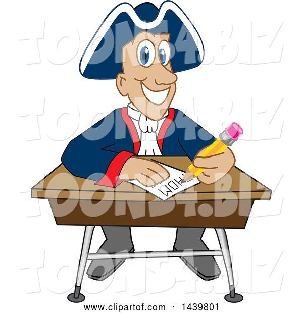 Vector Illustration of a Cartoon Patriot Mascot Taking a Quiz
